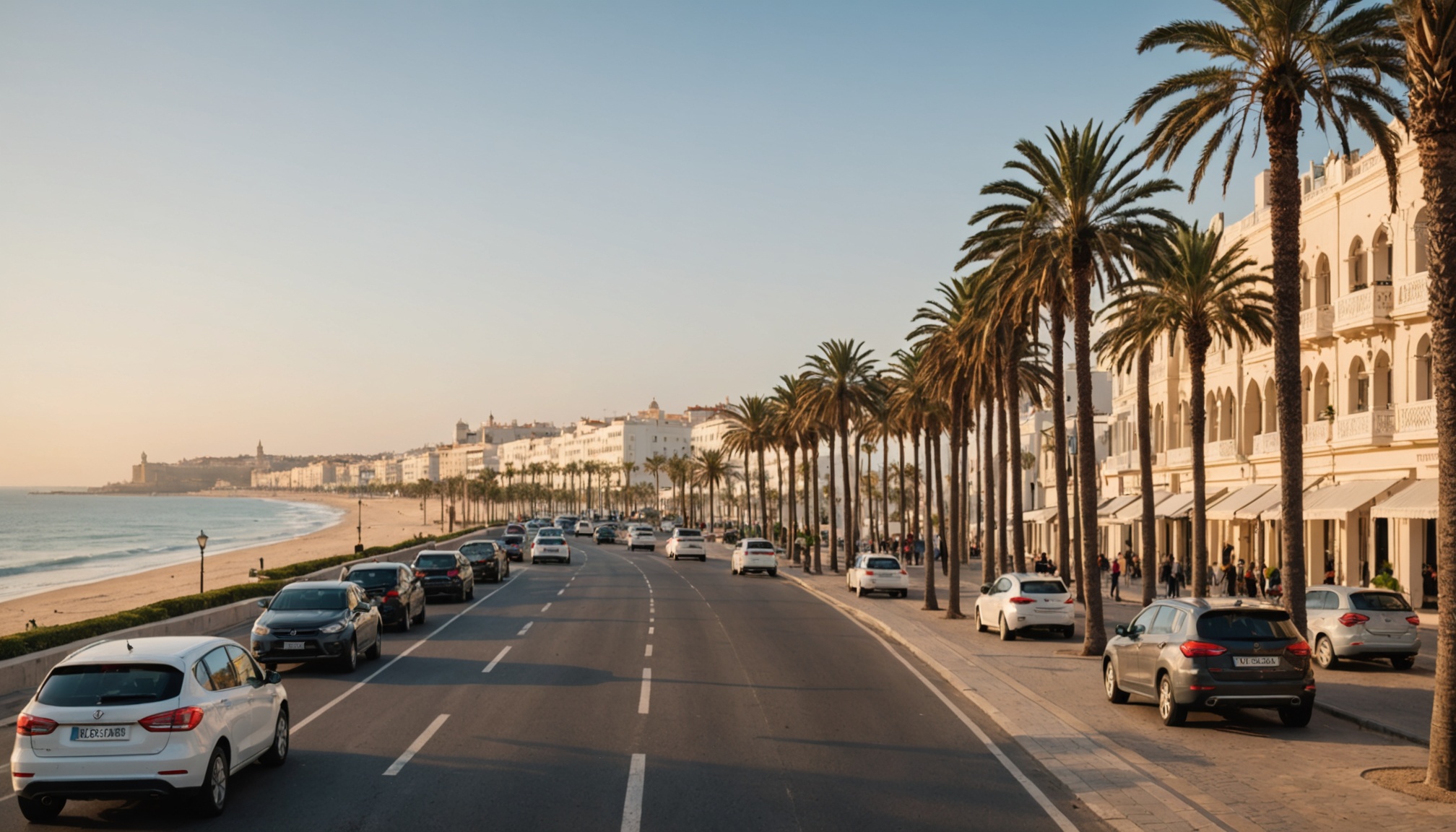 Se garer à Agadir : stationnement en ville, marina et plages Boulevard bordé de palmiers en front de mer, voitures stationnées le long du trottoir