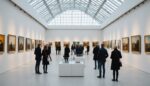 Illustration générée par IA d'une foire d'art contemporain sous verrière, ne représente pas le Grand Palais réel