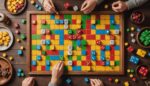 Illustration générée par IA d'une table de jeu de société avec pions et cartes colorés