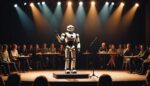 Robot humanoïde faisant du stand-up sur scène devant un public