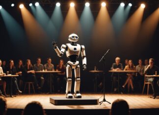 L’intelligence artificielle est-elle devenue plus drôle que nous ? Robot humanoïde faisant du stand-up sur scène devant un public