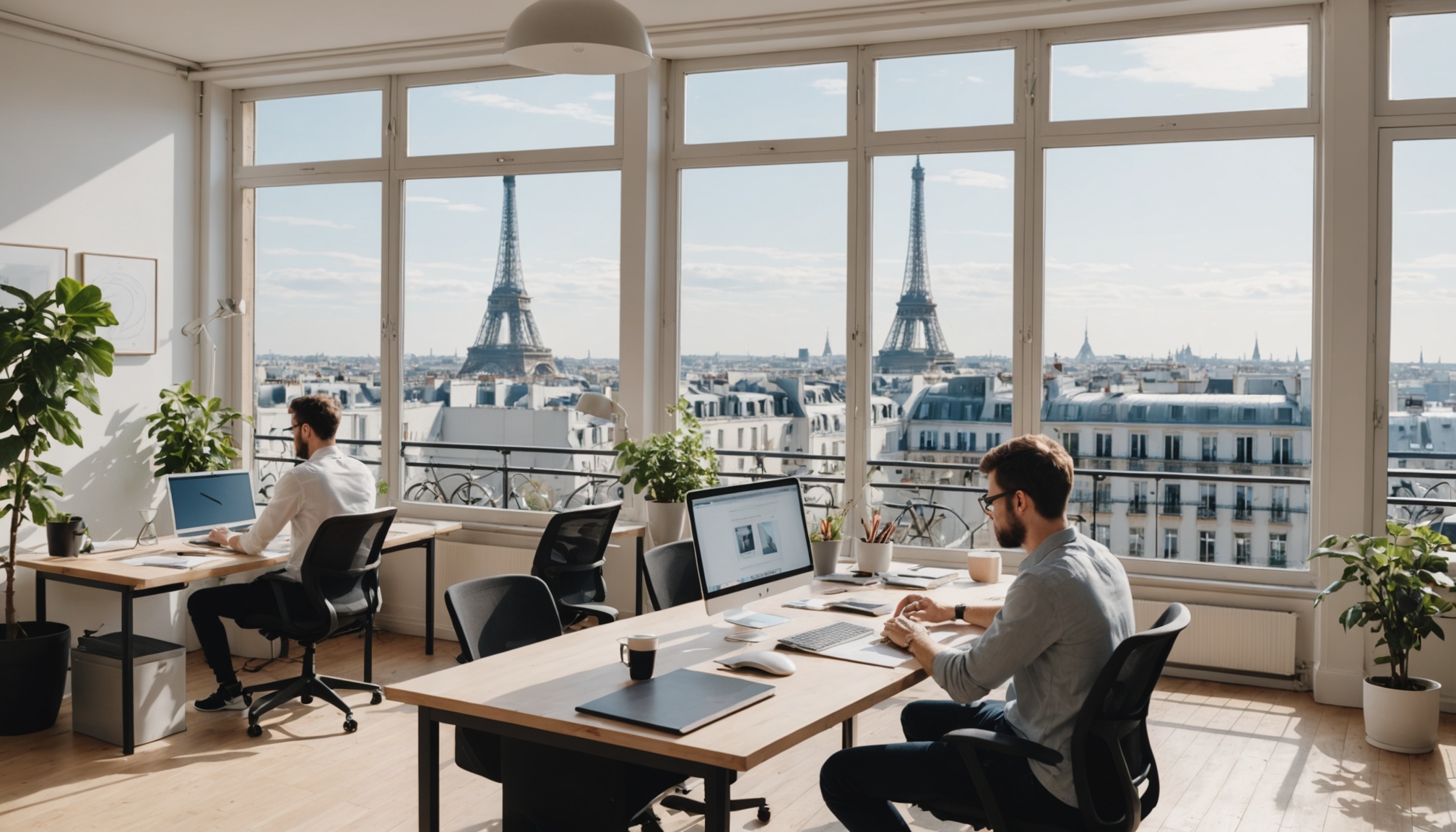 Agence WordPress à Paris : comment choisir son prestataire Deux personnes travaillant sur des maquettes de site web dans un bureau lumineux, toits parisiens visibles par la fenêtre
